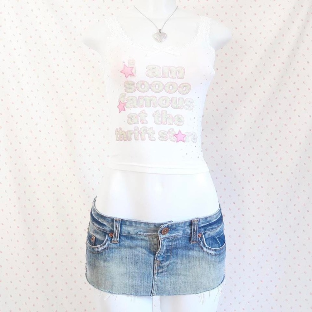 Y2K Famous At The Thrift Store Lace Trim Cami Coquette Graphic Tank